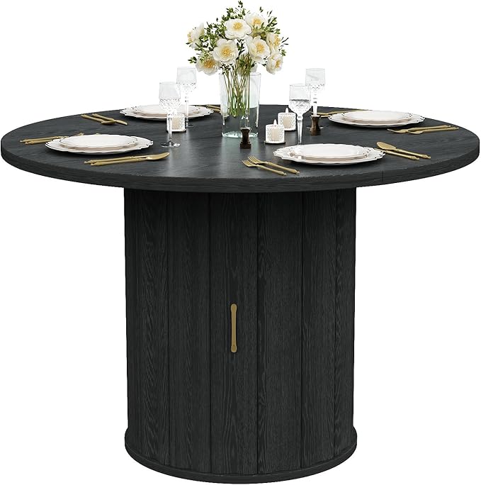47 Inch Round Dining Table, Modern Wood Farmhouse Kitchen Table Fluted Dining Kitchen Table Round Dining Table for 4-6 with Storage, Black