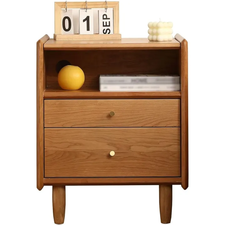 Wood Nightstand, Bedside Table with 2 Drawer Mid-Century Luxury Night Stand Modern Sofa Side End Table Farmhouse Wooden Night Stand Bedside Table for Bedroom
