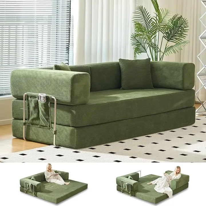 Folding Sofa Bed Convertable Corduroy Couch King Size Floor Sleeper 4-in-1 DIY Combination sofabed Fold Out Futon Lounge Comfy Foldable couches cama for Living Room (Green, 80.15")