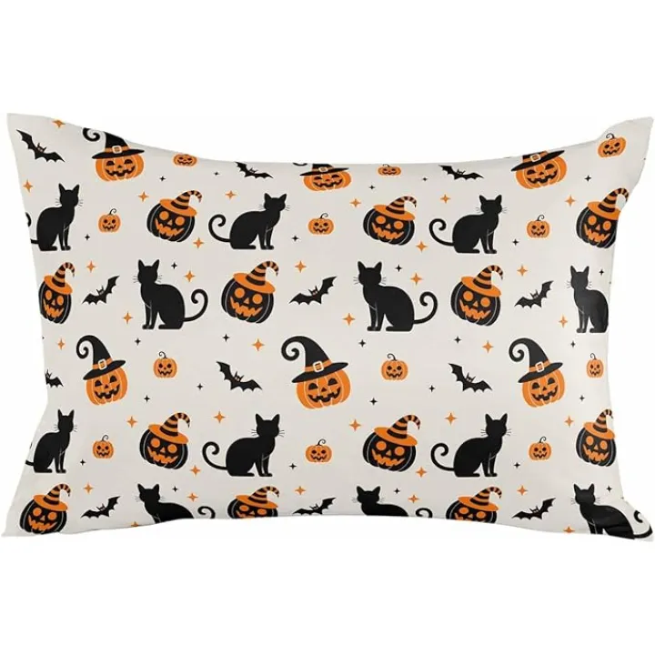 Outdoor Pillow Covers 20x12IN Pack of 2 Halloween Waterproof Throw Pillow Case Cushion Covers for Patio Garden Couch Sofa Black Pumpkin Cat Bat on Cream Background Decorative Pillowcases