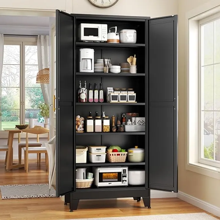 71" Tall Metal Storage Cabinet with 2 Doors and 4 Adjustable Shelves, Kitchen Pantry Cabinet Black Freestanding Cupboard, 5 Tier Multifunctional Steel Storage for Office, Kitchen, Dining Room