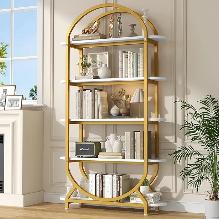 Semoic Tall Bookshelf Arched Bookcase, Modern 5-Tier Book Shelves with Storage Organizer - Industrial Curved Freestanding Open Display Shelving Unit for Living Room, Library, Home Office, Gold
