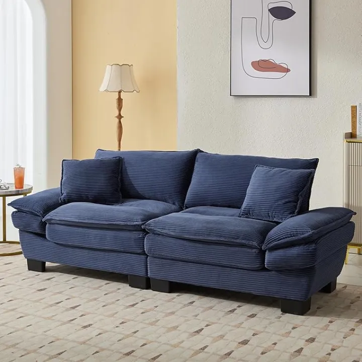 Comfy Upholstered Sofa Sleeper Couch with Two Pillows for Living Room and Bedroom, Deep Seat Design, Blue