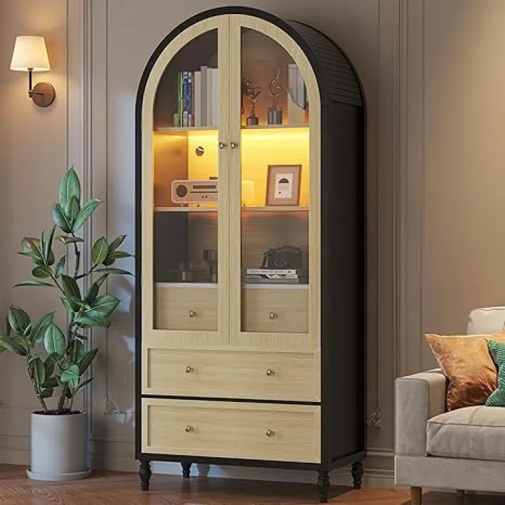 Semoic 73" Tall Arched Storage Cabinet - Modern Farmhouse Bookcase with 3 Large Drawers, Display Cabinet for Living Room, Dining Room, Kitchen Pantry, Rustic Brown & Black