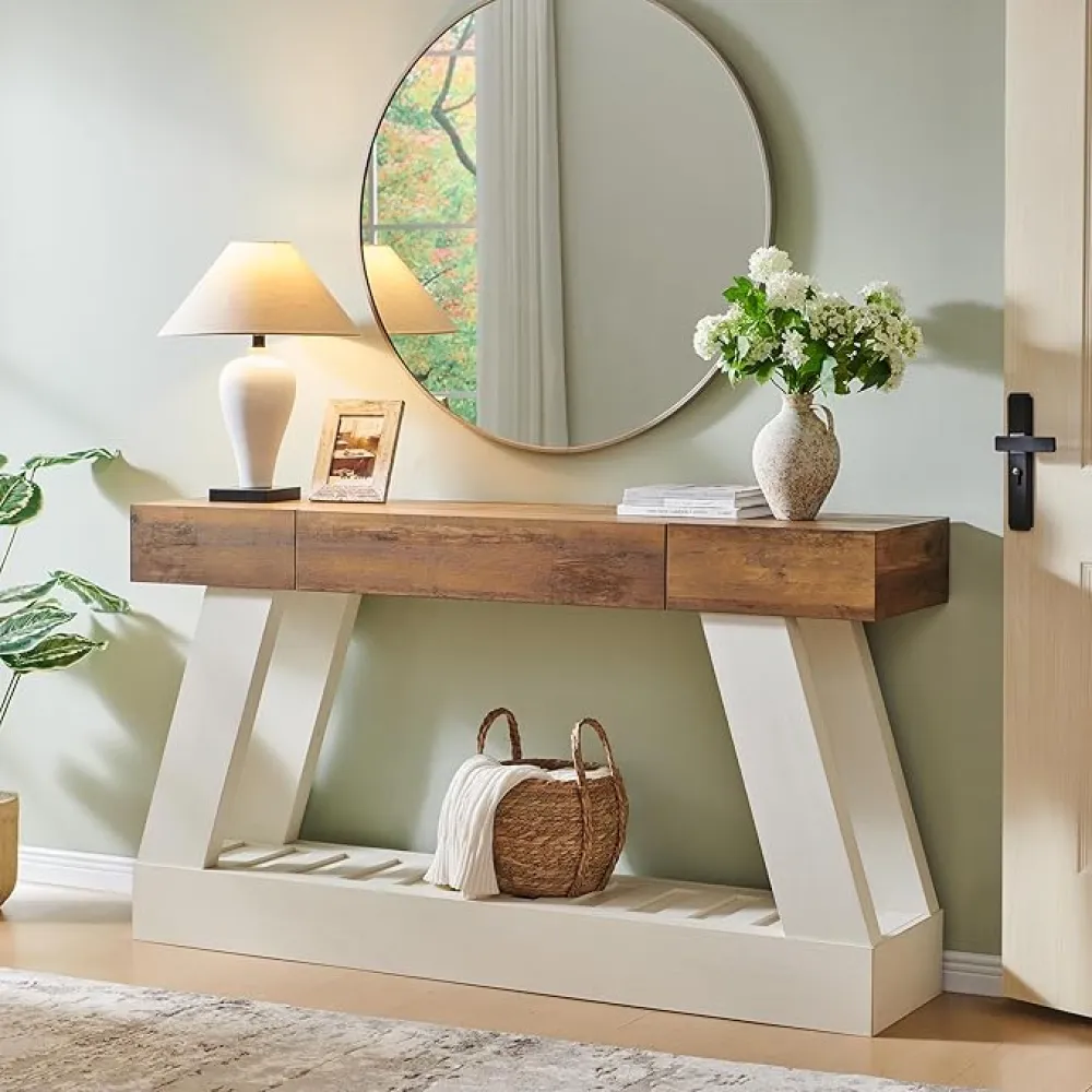 OKD 60" Farmhouse Entryway Table with Drawer, Console Table Behind Sofa, Narrow Long Entryway Table for Hallway, Narrow Long Sofa Table for Living Room, Hallway, Behind Couch(Antique White)