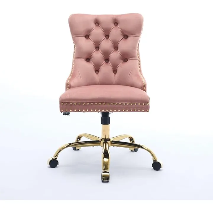 Furniture Office Chair,Modern Velvet Upholstered Tufted Button Home Office Chair with Golden Metal Base,Adjustable Desk Armchair ，Pink