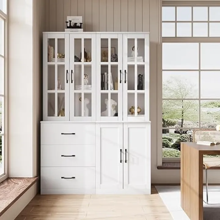 VOWNER Bookcase with Glass Door, 5-Tier Modern Bookshelves with 3 Large Drawer, Glass Display Cabinet with Lager Storage Shelf, Combination Storage Shelves for Home Office, CD (White)