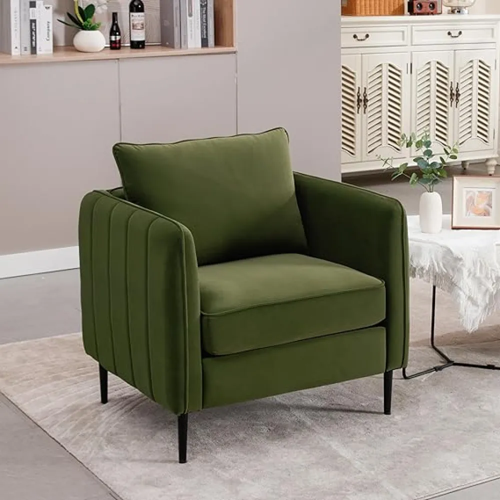 KEIKI Cloud Chair for Living Room, Velvet Single Sofa Chair with 1 Pillow, Comfy Accent Chair for Bedroom, Office, and Reading, Metal Legs, Soft Modern Design, Green