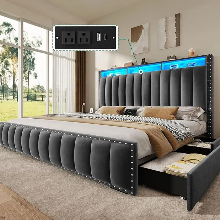 DWVO King Size Bed Frame with 4 Storage Drawers and RGB LED Lights, Velvet Upholstered Platform Bed with Charging Station and Bookcase Storage Headboard, No Box Spring Needed, Easy Assembly, Grey