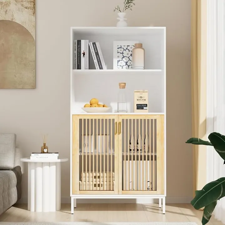 TUSY 61.4" Modern Bookshelf with Doors and Shelves, 4 Tier Bookcase with Storage for Living Room, White Farmhouse Wooden Bookcase for Home Office, Clutter-Free Storage Organizer for Bedroom, White