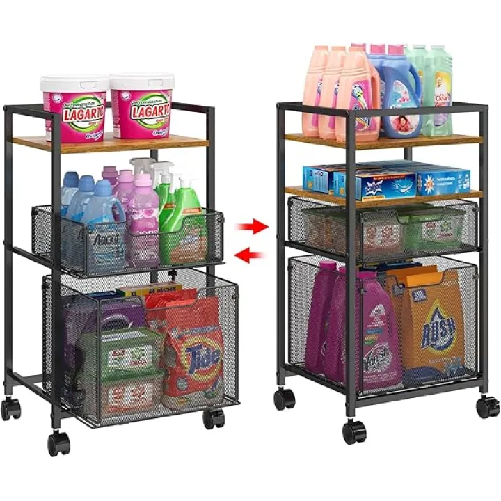 4 Tier Laundry Room Cart with Pull-Out Baskets, Rolling Storage Utility Cart on Wheels Metal for Bathroom Laundry Room Organization and Storage, Rustic Brown