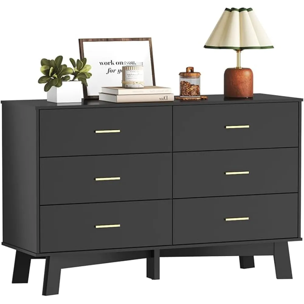 Black Dresser 6 Drawer Dresser for Bedroom, Modern Wood Chest of Drawers with Metal Handles, TV Stand and Storage Cabinet for Living Room, Hallway, Nursery, Closet