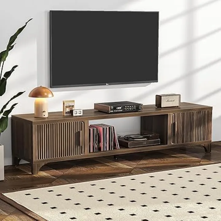 70 Inch Mid Century Modern TV Stands for Living Room, Boho Media Console for Bedroom, TV Entertainment Center with Storage, Wood Television Cabinet for 65"/75" TV