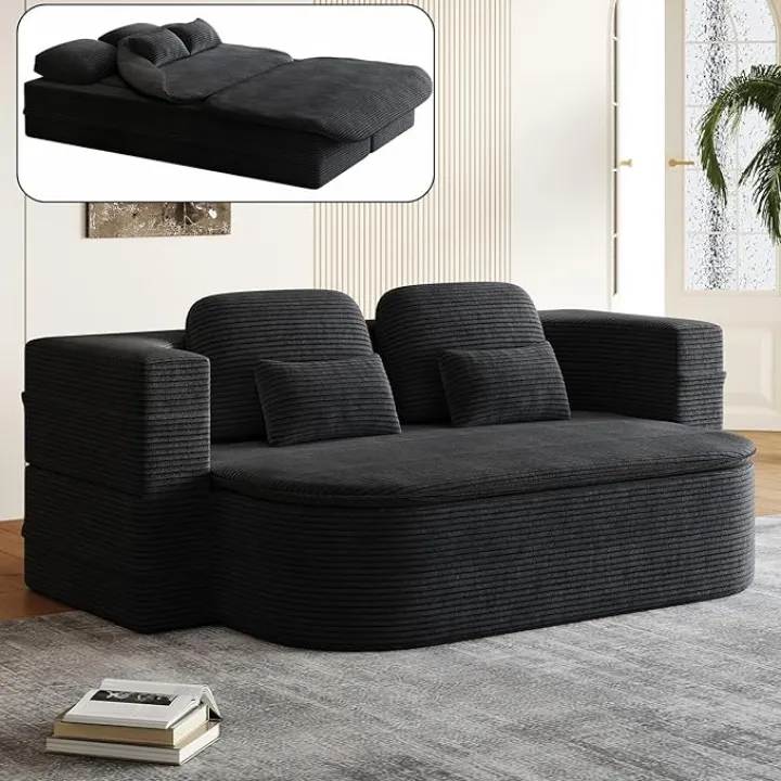 75" Convertible Folding Sofa Bed,Full Size Sleeper Sofa with Blanket,Modern Plush Corduroy Floor & Futon Loveseat Couch,Memory Foam Folding Mattress Sleeper for Living Room (Black Corduroy)