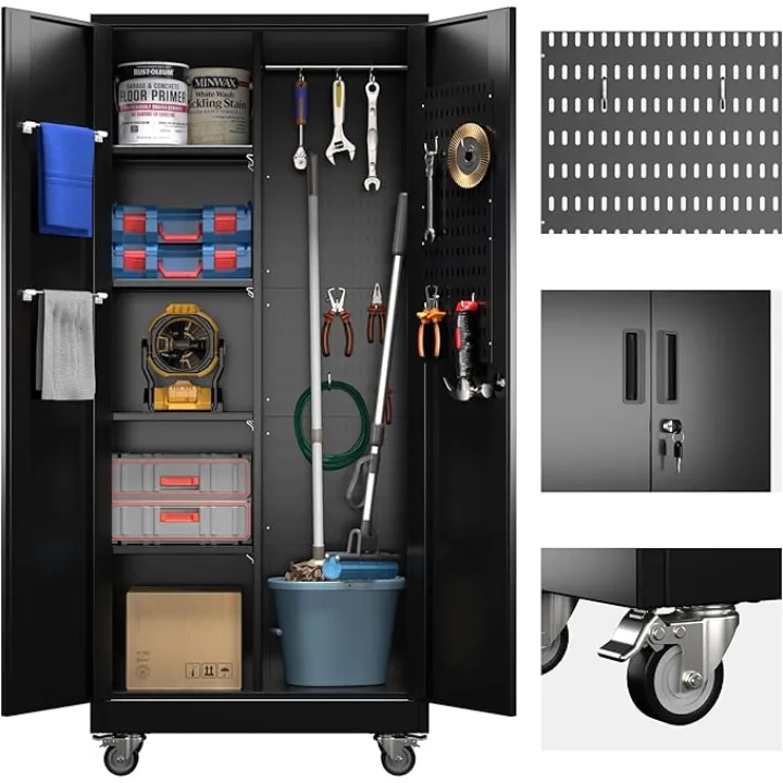 73" H Metal Garage Cabinet with Pegboard and Hooks,Metal Tool Cabinet with Wheels and Adjustable Shelves for Garage, Utility Room,Home,Office,Black
