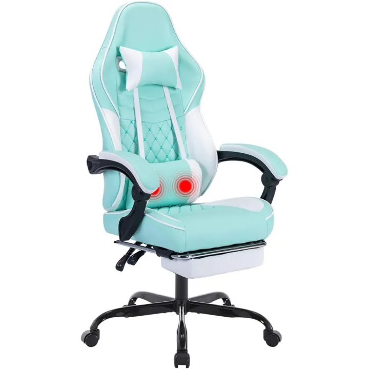 Ergonomic Gaming Chair with Massage Lumbar Support & Adjustable Headrest - Footrest for Adults, Comfortable Office & Gaming Chair, Green Leather