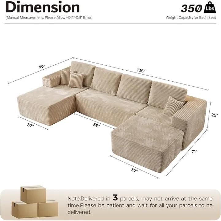 ovios Sectional Cloud Couch for Living Room, Modular Floor Sofa with Plush Corduroy, No Assembly Required, Big Comfy Couches Set with Fluffy Memory Foam, Stupendous U Shaped Sofas with Chaise, Grey