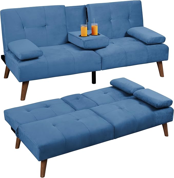 Shintenchi Futon Sofa Bed, Convertible Couch Beds Loveseat, Modern Recliner Sleeper, Small Lazy Set for Living Room, Office, Apartment, Blue