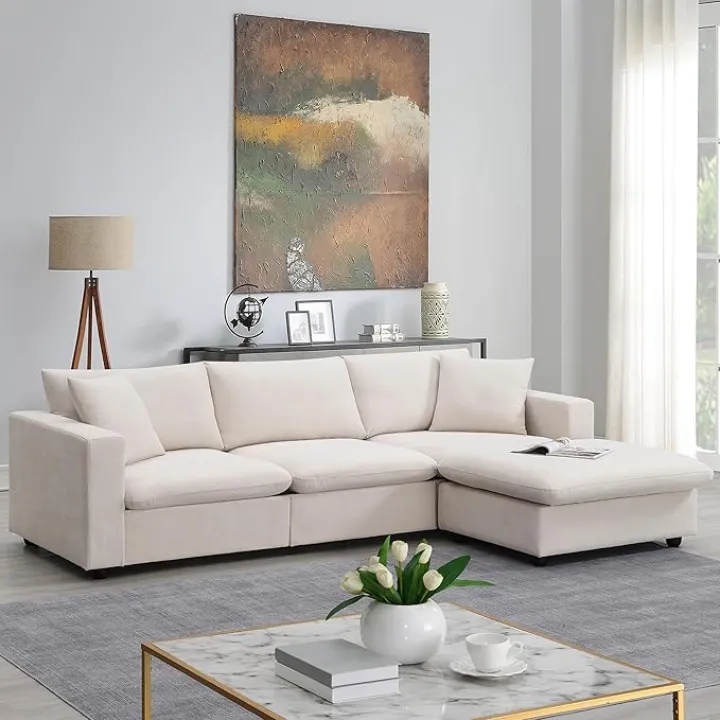 Sectional Sofa with Chaise, Modern L-Shaped Couch, Beige Linen Upholstery (2.2M)