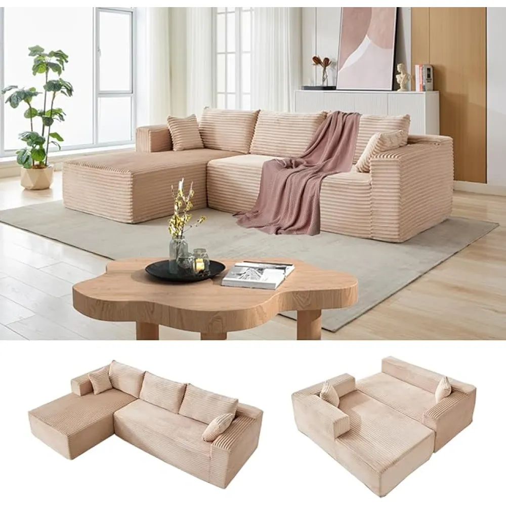 Modular Sectional Sofa with L-Shape Chaise, Boneless Cloud Couch with Deep Seat, Sponge Compression Sofas No Assembly Required, Upholstered Couches for Living Room Bedroom, Corduroy (Beige)
