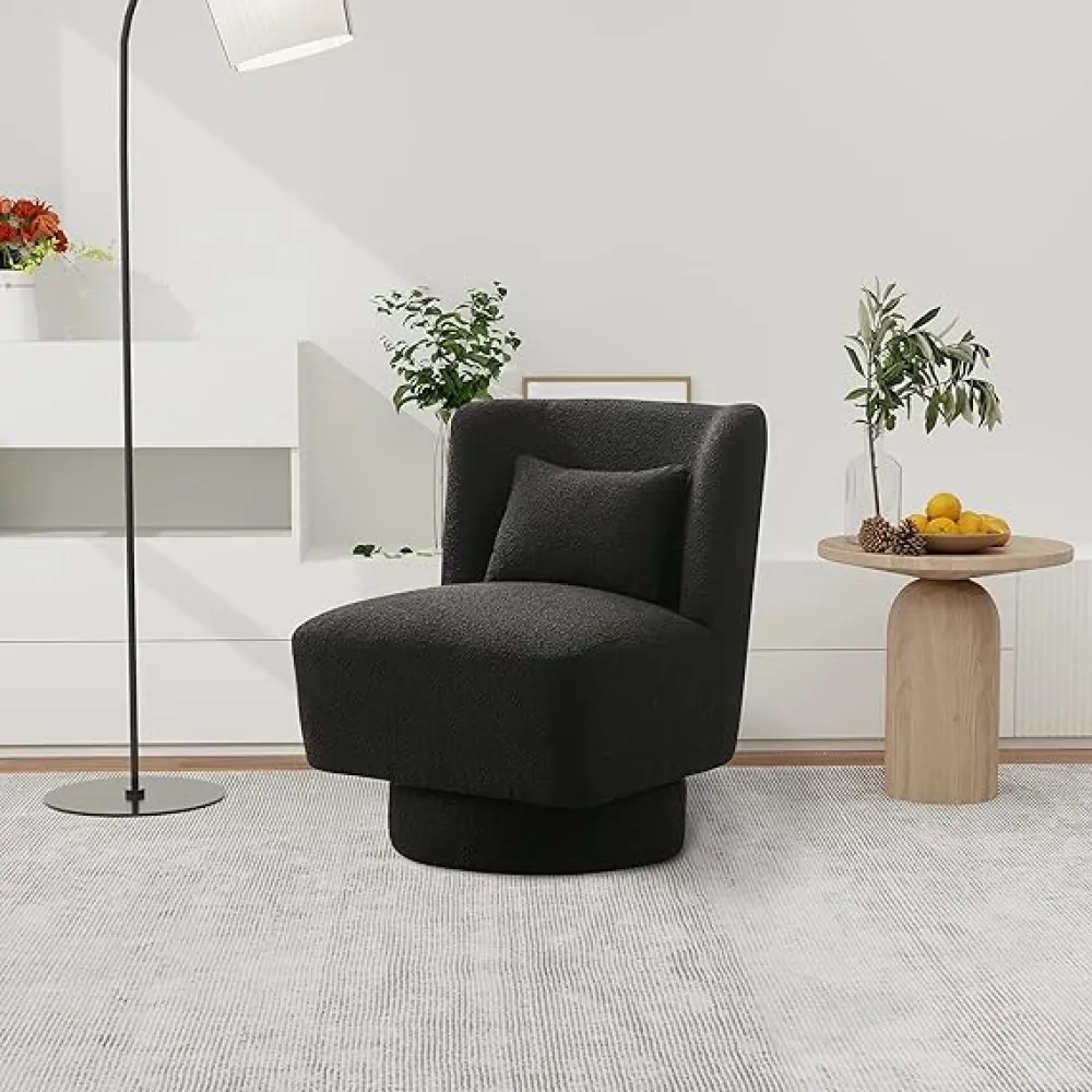23.6" W Swivel Accent Barrel Chair with Waist Pillow, Comfy Single Sofa 360 Degree Club Chair, Boucle Upholstered Leisure Chairs for Bedroom Living Room Lounge Hotel Office Nursery, Black