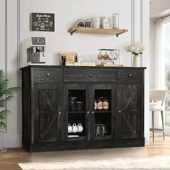 4 EVER WINNER Buffet Sideboard Cabinet with Storage, 55" Modern Farmhouse Coffee Bar Cabinet with Drawers and Glass Doors, Wood Storage Cabinet for Kitchen, Living Room, Rustic Oak