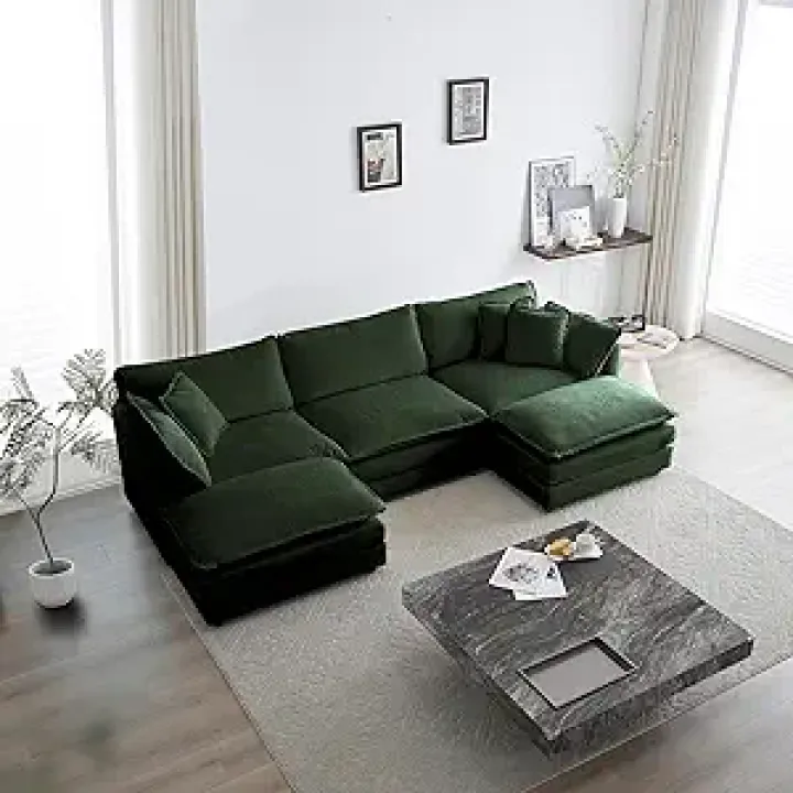 U-Shaped Sectional Sofa with Reversible Footrest, Chenille Modular Sectional Sofa, 111.5 Inch Modern Minimalist Soft Sofa & Couch, 5-Seater Convertible Corner Couch with 2 Ottomans, Green Chenille