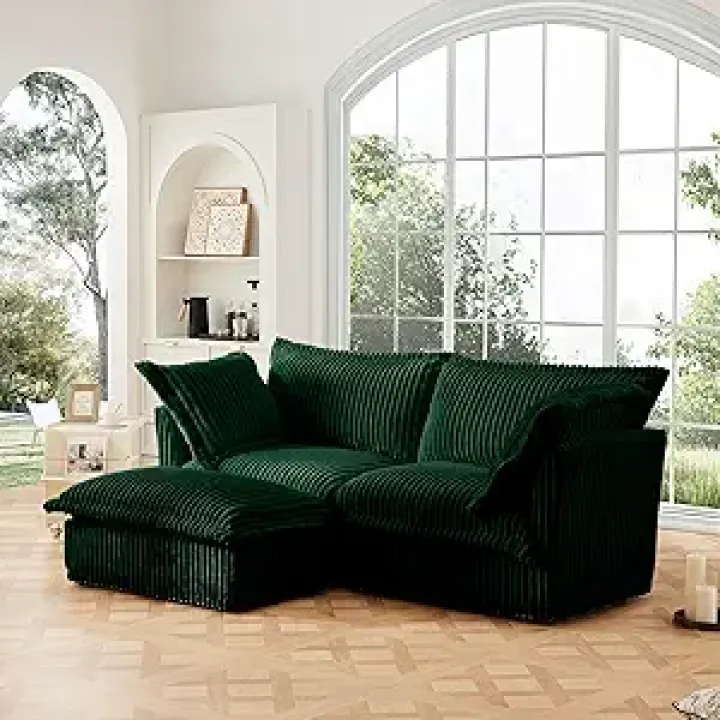 Slipcovered Sectional 2 Seater Sofa Couch with Convertible Ottoman, 83.4" L Shape Corduroy Sectional Sofa Couch, Wide and Deep Seat Comfy Cloud Couches with Soft Pillows, Green