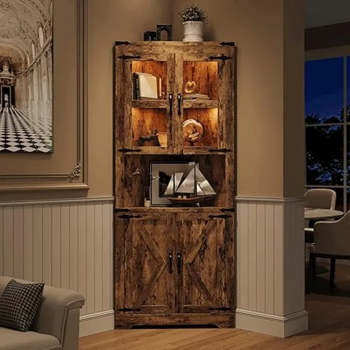 GarveeHome 67" Tall Corner Storage Cabinet with Lights, Farmhouse Corner Hutch Display Cabinet with Glass Doors, Wooden Storage Organizer for Kitchen, Living Room, Bathroom, Brown