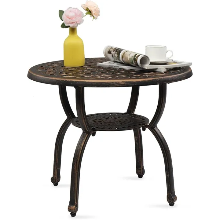 Outdoor Side Table, Cast Aluminum Anti-Rust Round Patio Bistro Table for Garden Balcony, Antique Bronze