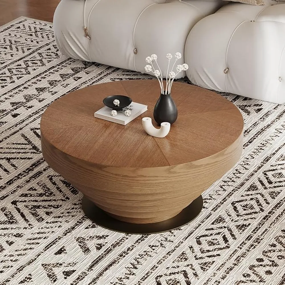 Modern Round Coffee Table, Stacked Wood Design, 35.4 inch Diameter, 16.5 inch Height
