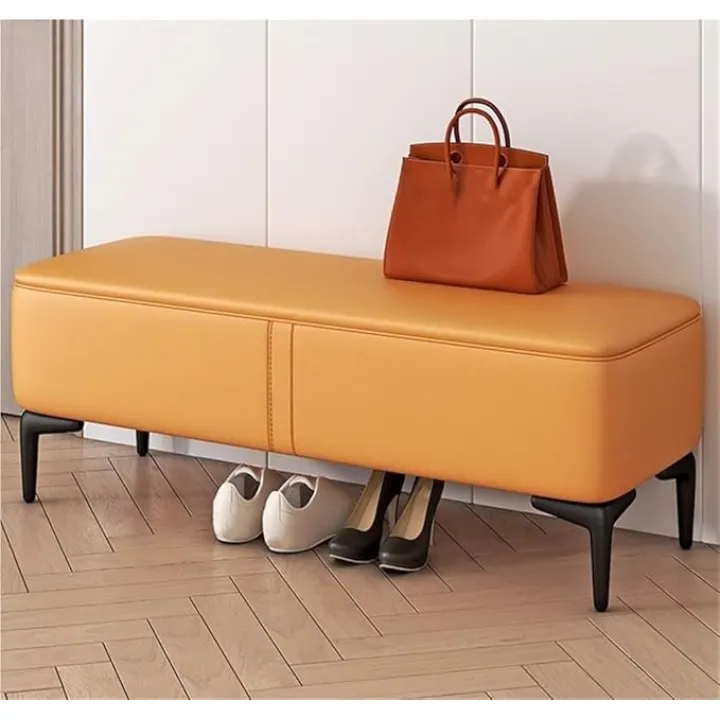 Upholstered Ottoman Bench with Thick Padded Seat & Sturdy Metal Legs, Modern Foot Rest Stool for Bedroom, Entryway, Living Room(Orange,80cm)