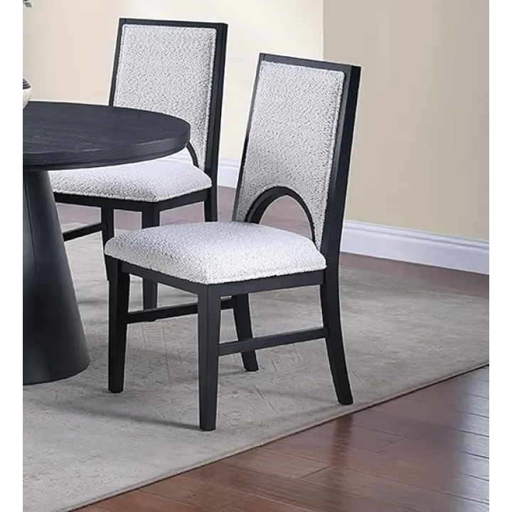 White Fabric Upholstered Dining Chairs, 2-pc Set – Soft Cozy Texture, Unique Arched Cutout Back, Comfortable Seat for Dining Room, Kitchen – Black Frame (1 Seat)