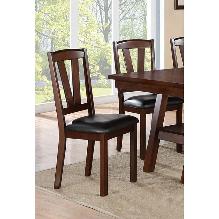 Set of 2 Contemporary Dining Chairs with V-Shape Back, Dark Walnut Finish, Faux Leather Cushion Seat