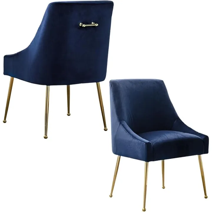 Dining Chairs Set of 2, Modern Velvet Fabric Upholstered Kitchen Chair with Metal Handle, Thick Cushion (Blue)