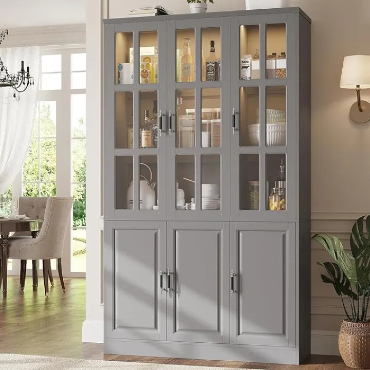 78.7" Tall Pantry Cabinet with LED Lights, Freestanding Kitchen Pantry with Glass Doors, Large Food Storage Cabinet, Grey (47.2" W x 15.7" D)