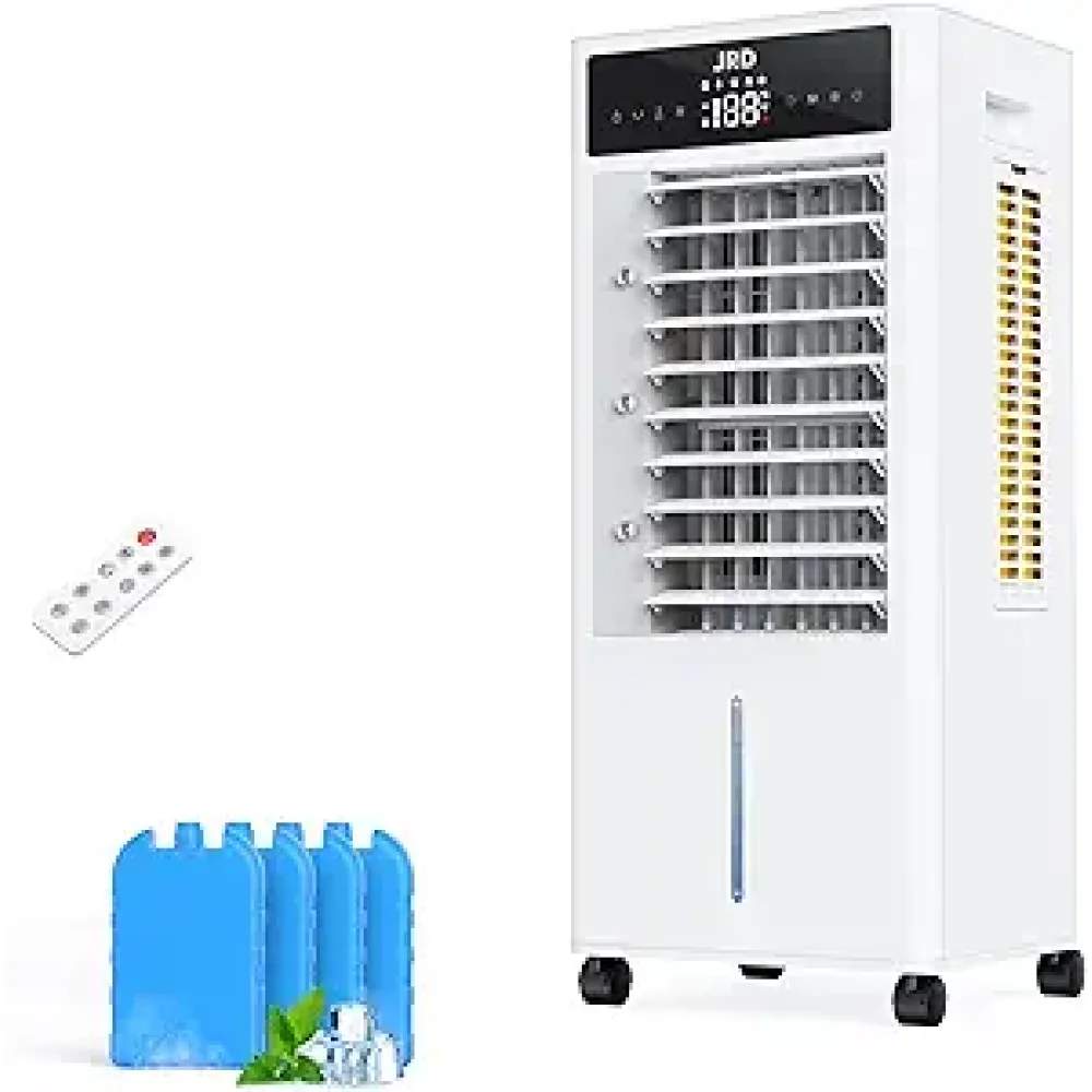 JRD Portable Air Conditioners, 3-IN-1 Evaporative Air Cooler with Remote, 2.4Gal Tank, 4 Ice Packs, 4 Modes, 3 Speeds, 12H Timer, Mist Function, Oscillation Swamp Cooler for Bedroom Home Office