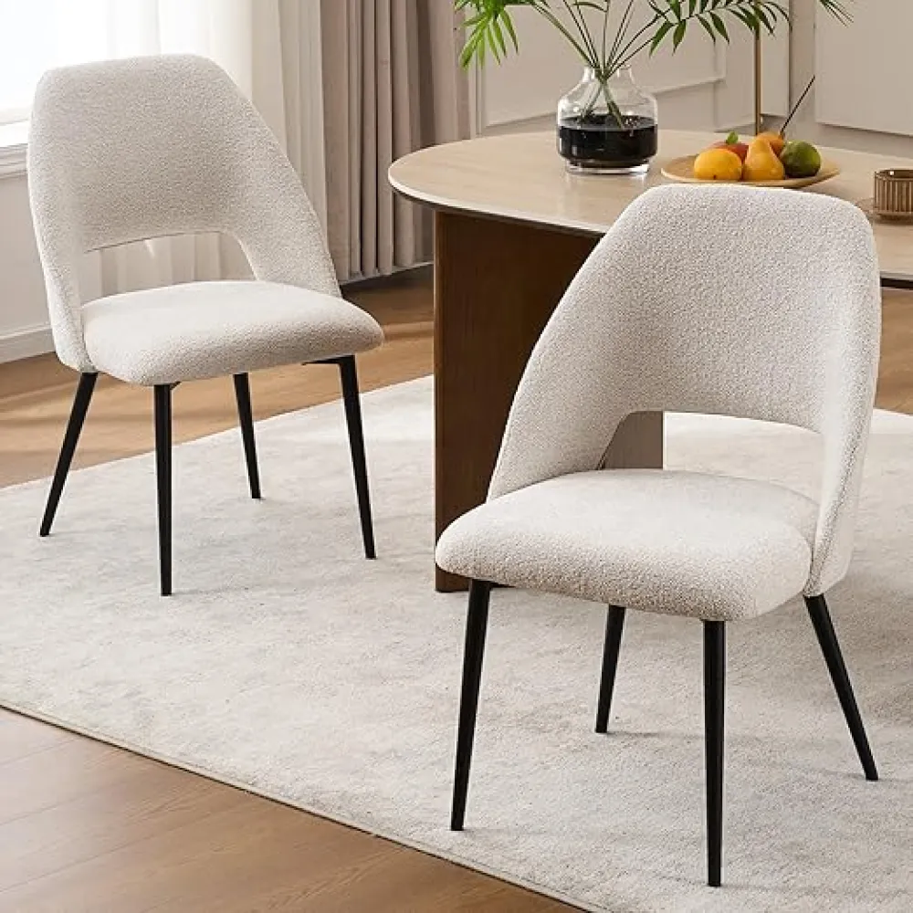 Kidol & Shellder Beige Dining Chairs Set of 2 Mid Century Modern Kitchen Dining Room Chairs with High Backs Boucle Fabric Upholstered Accent Chair with Metal Legs for Living Room Bedroom