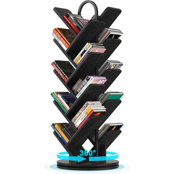 TVU Tree Book Shelf, Rotating Bookshelf, 360 Degree Spinning, 8 Shelves Per Side, Standing Bookcase for Magazines DVDs Books, for Living Room Bedroom Study Corner (Black)