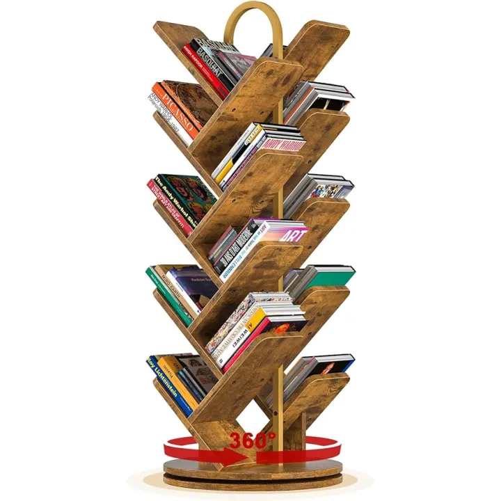 TVU Tree Book Shelf, Rotating Bookshelf, 360 Degree Spinning, 8 Shelves Per Side, Standing Bookcase for Magazines DVDs Books, for Living Room Bedroom Study Corner (Flame Finish)