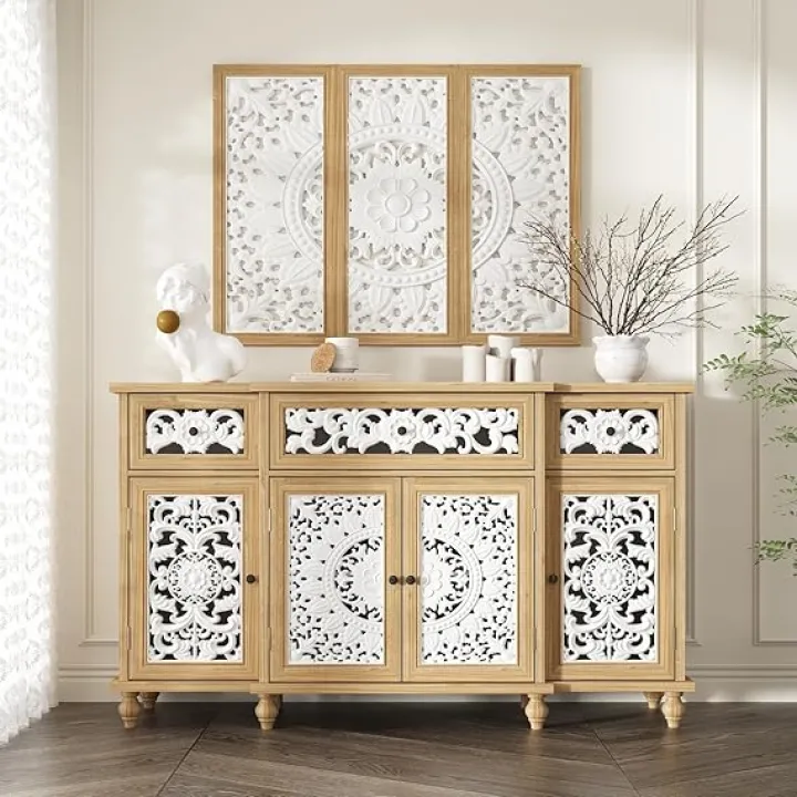 59" Sideboard Buffet Cabinet with Wall Sculpture Set, Handmade Hollow Carved Cabinet and Wall Art, Vintage Accent Storage Sideboard with 3 Drawers for Living Room, White & Wood Grain