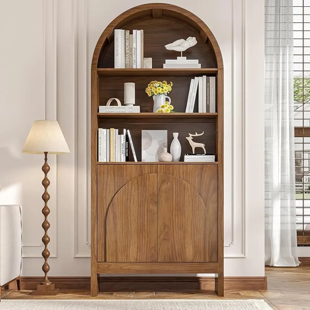 Mid Century Arched Bookcase, 5 Shelf Tall Book Shelf with Doors, 71 Inch Display Case Storage Cabinet, Large Library Arch Bookshelf, Wooden 5 Tier Book Case for Living Room, Office, Brown, Walnut