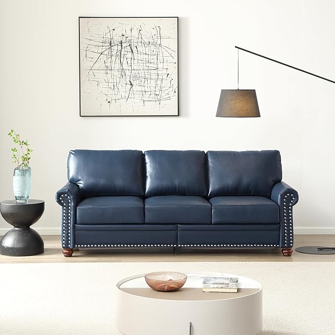 Classic Living Room Round Arm with Silver Nails Sofa Navy Blue Faux Leather，wenjingqiUS-W1097S00163