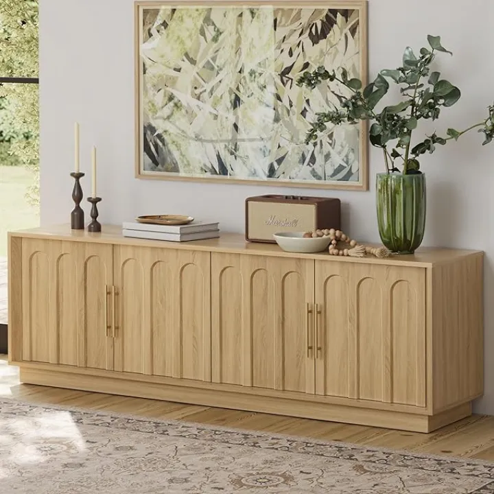 TV Stand for 75 Inch TV, Mid Century Modern TV Stand with Arched Design, Wood Grain Finish, Boho Media Console with Adjustable Shelves, 67" Entertainment Center for Living Room Bedroom, Oak