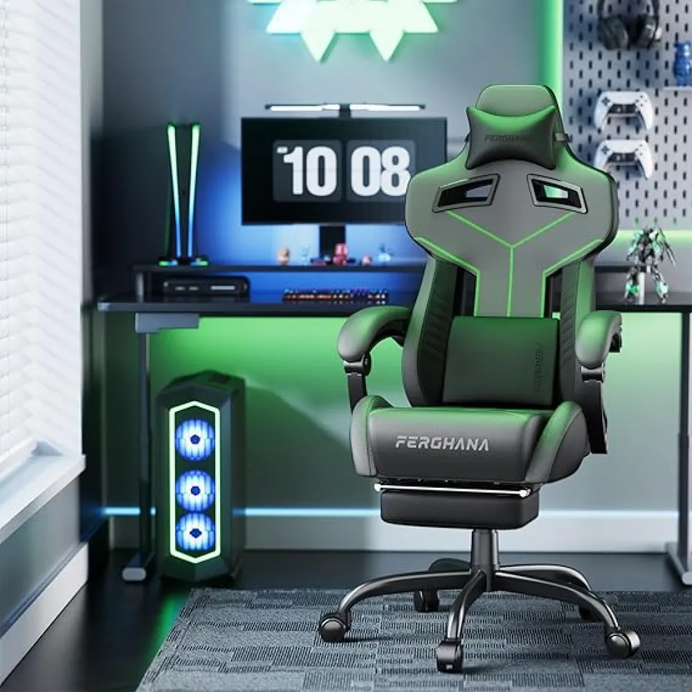 Huracan Ergonomic PC Gaming Chair with Footrest, Adjustable Lumbar Support Computer Gaming Chair, Massage Video Game Chairs for Adults Home Office,Grey/Green
