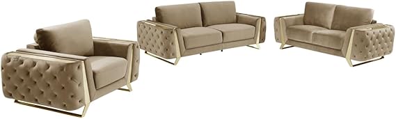 90 x 39 in. Velvet Six Person Seating Set Beige - 3 Piece