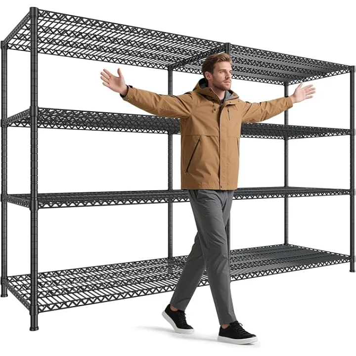 REIBII 81.5''W Storage Shelves 3680LBS Garage Shelving Heavy Duty 4 Tier Metal Shelving Unit Adjustable Wire Shelf and Storage Pantry Shelves for Kitchen Garage,81.5Wx23.62Dx70.86H,Black