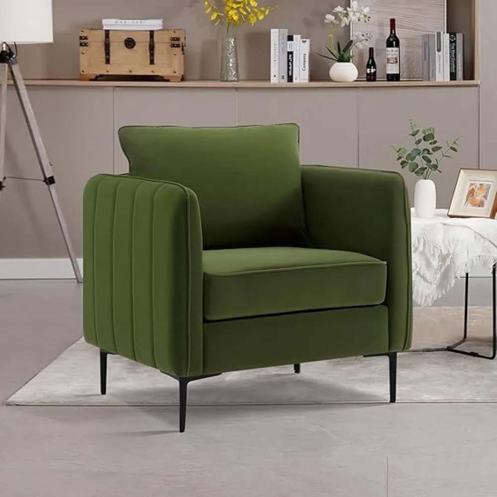 Modern Olive Green Velvet Accent Chairs, Comfy Upholstered Armchairs with Thick Cushion and Wood Frame for Living Room, Bedroom or Office