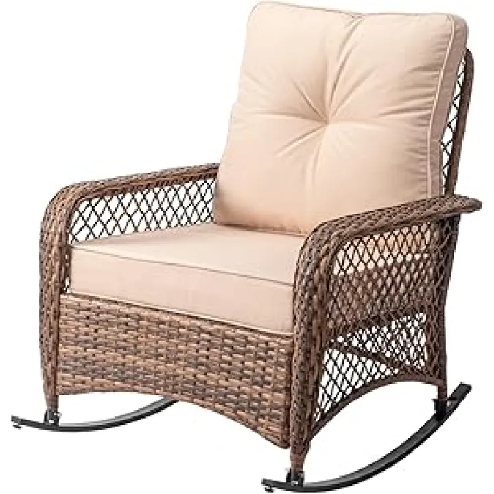 Outdoor Wicker Rocking Chair, Patio Rattan Rocker Chair with Wide Seat,Thickened Cushions & Steel Frame, All-Weather Rocking Lawn Wicker Furniture for Garden, Backyard, Porch, Beige