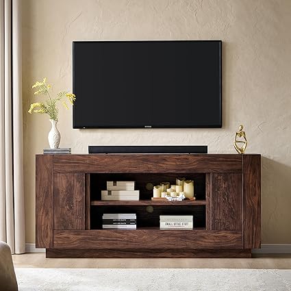 OKD Modern 70" TV Stand, Entertainment Center for TVs Up to 80", Media Console with Large Open Storage & Side Cabinets, Thick Wood Design for Living Room, Dark Walnut